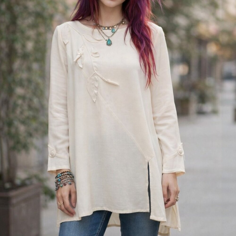 Tiar Bellomo Retro Vintage Long Sleeve Boho Blouse Cream, Size Medium